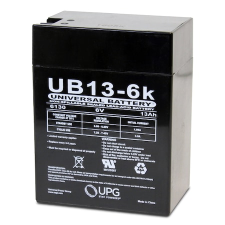 Upg Sealed Lead Acid Battery, 6 V, 13Ah, UB6130 Toy, NegF1, PosF2 Faston Tab Terminal, AGM Type 40575